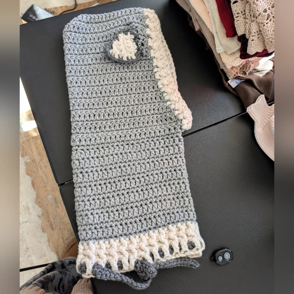 Handmade Crochet Gray & Cream Wolf Head Cowl Hood Scarf With Ears Beenie Hat